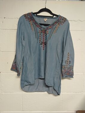 Reba Light Blue Embroidered V-Neck Tunic